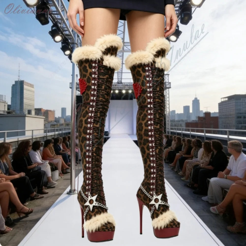 Y2K Style Leopard Over Knee High Heel Boots Ladies Faux Fur Heart Print Star Chain Peep Toe Lace‑Up Platform Stiletto Sexy Boots