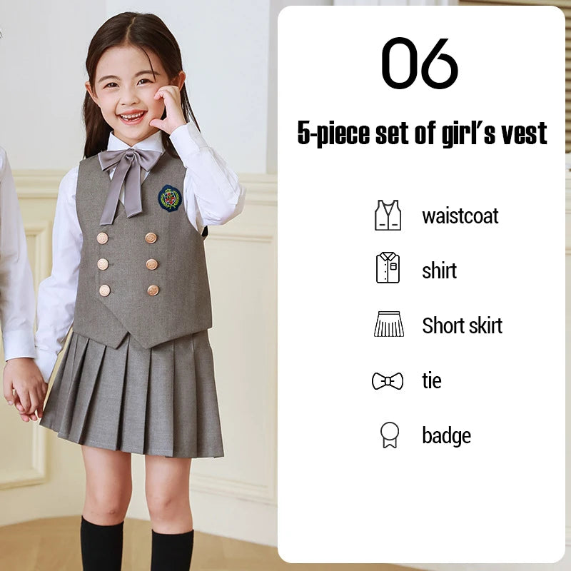 5 Pcs British Style College Kindergarten School Uniform JK Outfits Kid Shirt Pleated Skirt Suit Chorus Performance Costume Dress