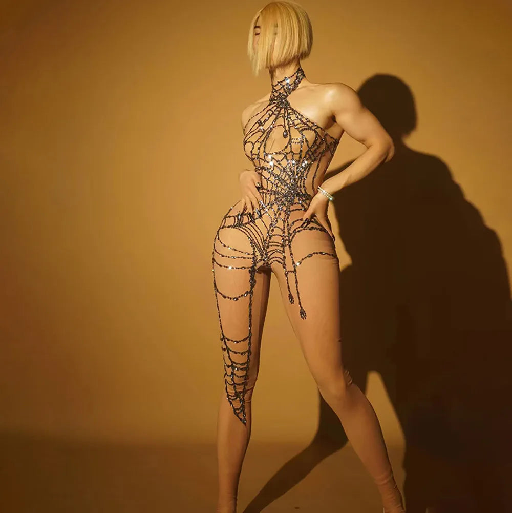 Sexy Full Diamond Long Sleeved Jumpsuit Ballroom Pole Dancer Performance Outfit Fashionable Club Suit Women's Photography