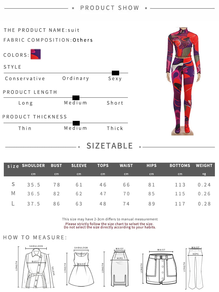 Nibber Sexy Sporty 2-Piece Set Women Tracksuit Sporty Fall Crop Tops+Leggings Matching Tight Stretch Colorful Print Streetwear