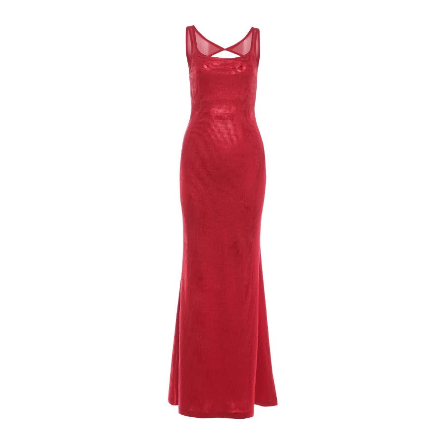 Nibber Low-Neck print Stretch Backless Sequin Dress Women Sexy Sleeveless Skinny Elegant Fashion Party chic Club Maxi Bodycon