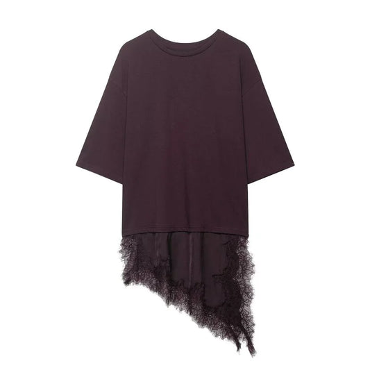 Women's Spring Summer Asymmetric Lace Trim Half Sleeve T-Shirt Back to School Casual Daily Wear Fashion Versatile Top 4 Colors