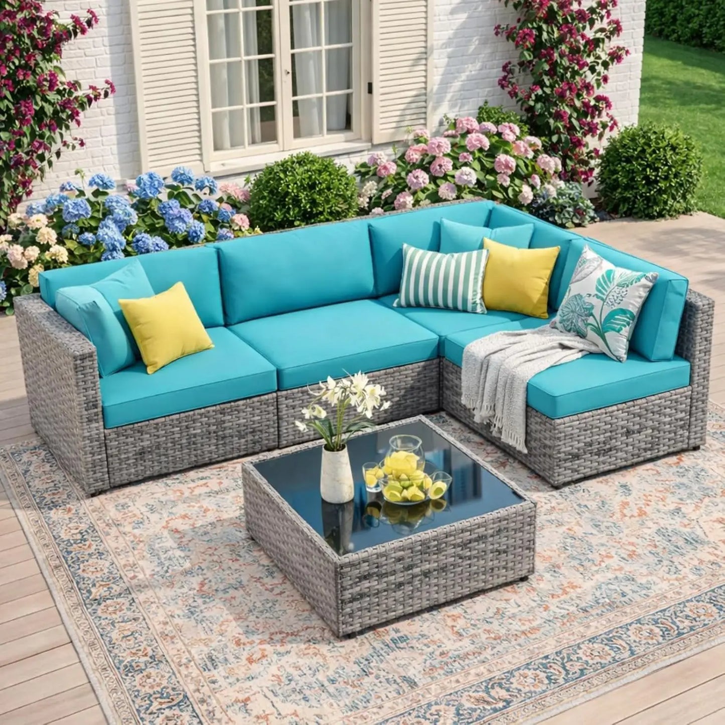 5-Piece Patio Furniture Set, Outdoor Wicker Sectional Sofa with 4-Inch Thick Cushions & Coffee Table, All-Weather PE, Custom