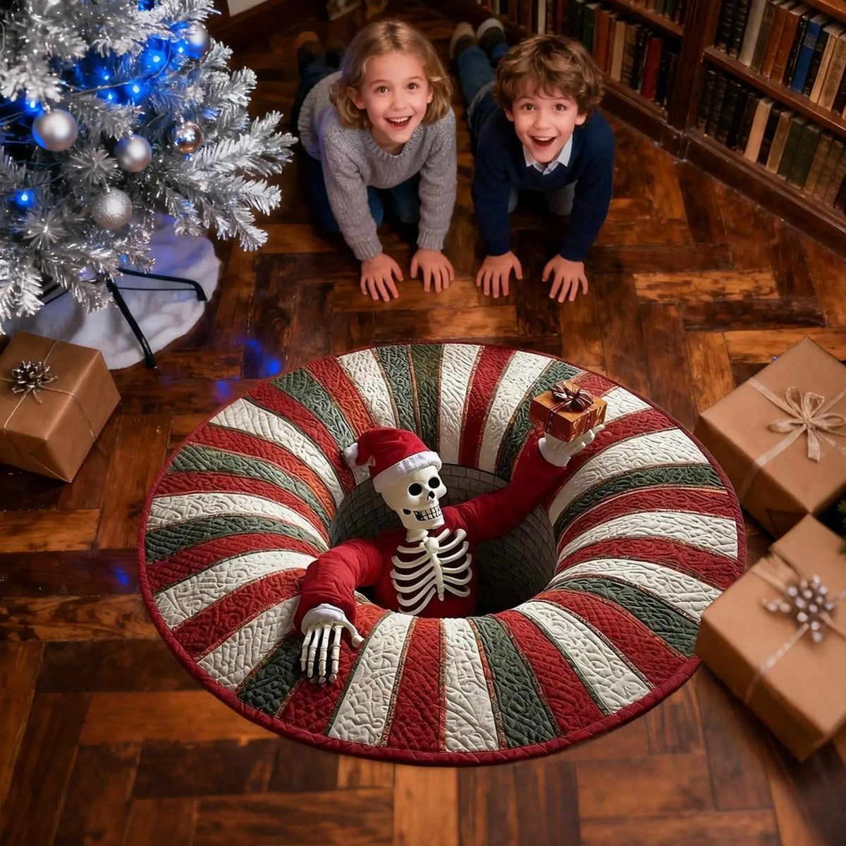 3D Rugs Optical Illusion Christmas Home Decor Skeleton Round Quilted Holiday Bathroom Carpet For Kitchen Entryway Entrance