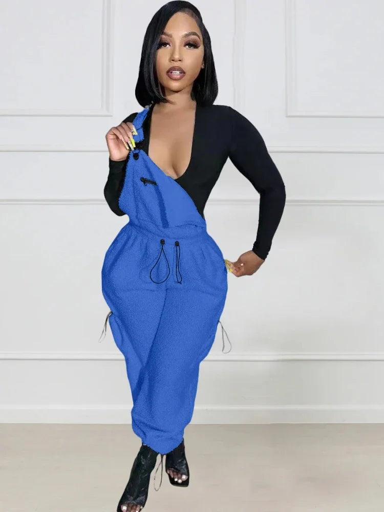 Lace Up Jumpsuit Women One Piece Jumpsuits Fur Rompers High Waist Spring Autumn Pants Mom Overalls Playsuits Elegant Pink
