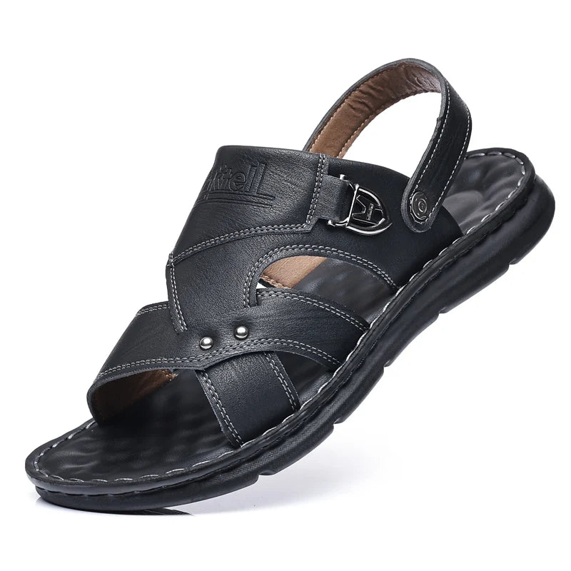 Mens Slippers 2026 New Summer Breathable Outdoor Non Slip Thick-soled Beach Shoes Leather Comfortable Casual Driving Sandals Man