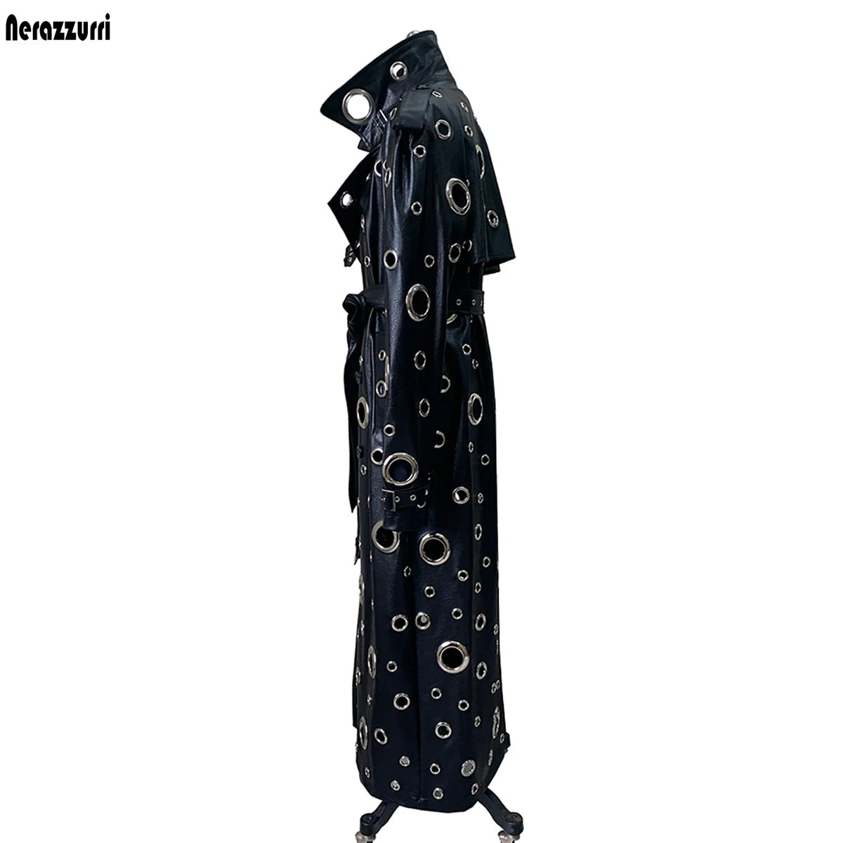 Nerazzurri Autumn Oversized Extra Long Pu Leather Trench Coat for Women Holes Hollow Out Luxury Designer Emo Streetwear Overcoat