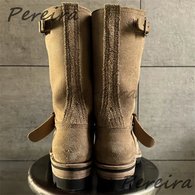Metal Belt Buckle Sleeve Knight Boots for Men Retro Thick Soled Height Increasing Motorcycle Boots Autumn Winter Male Shoes