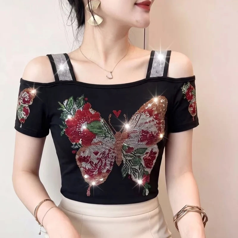 High Quality Elasticity Clothes Fashion T-Shirts Women's Sexy Off Shoulder Shiny Diamonds Mesh Tops Summer Tees Shirt