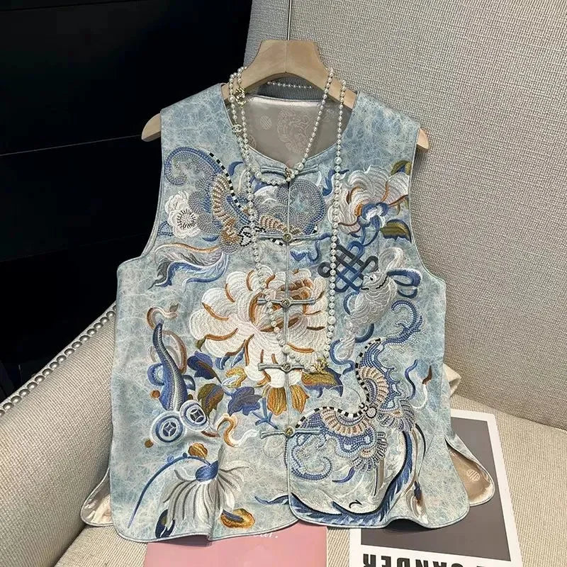 New Chinese Style Double-layer Warm Vest With Round Neck Heavy-duty Embroidery Buckle And Camisole Versatile And Versatile