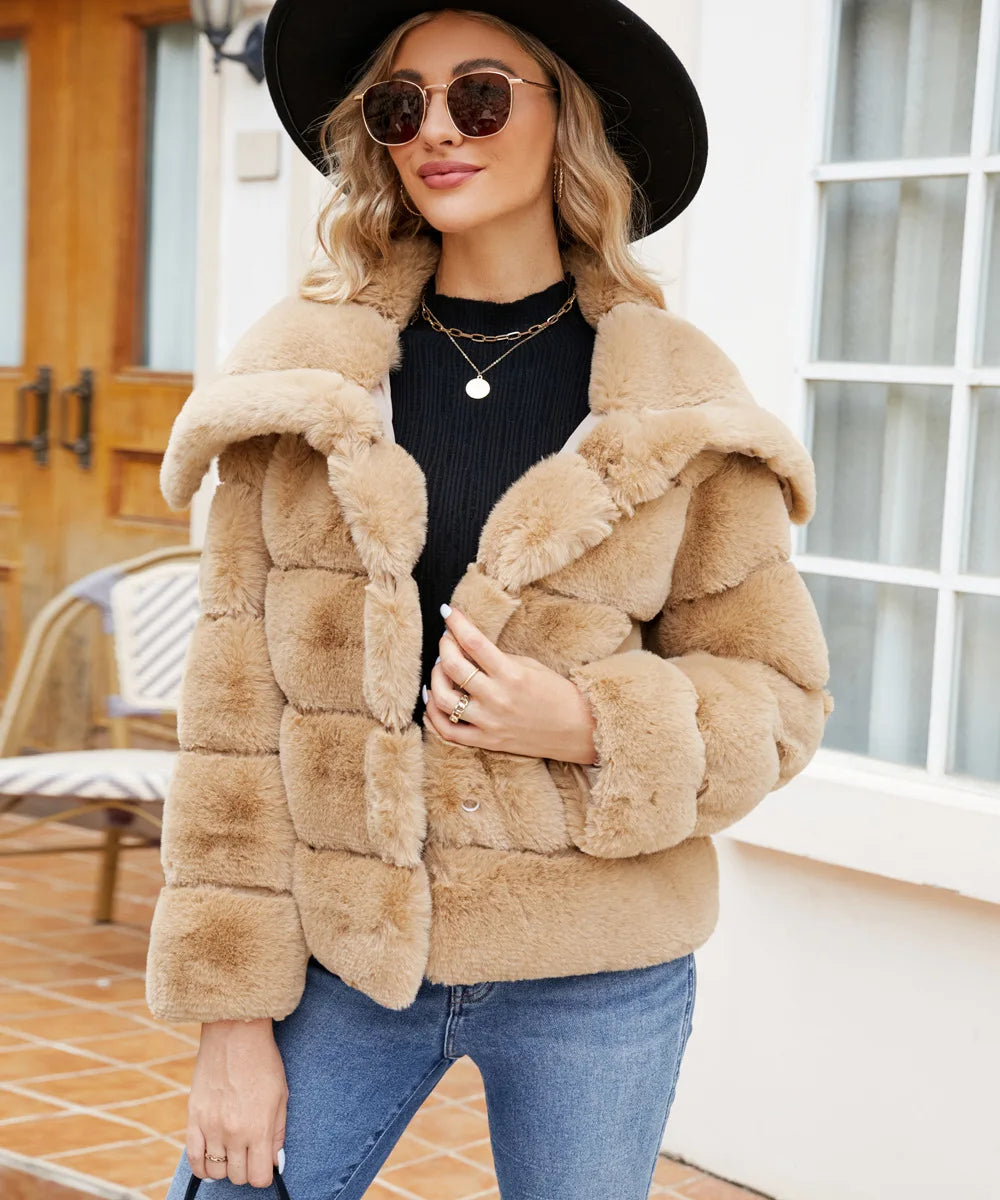 2026 Autumn Winter Turndown Collar Faux Fur Coat Women Casual Long Sleeve Fluffy Plush Jacket Khaki Thick Fake Fur Warm Cardigan