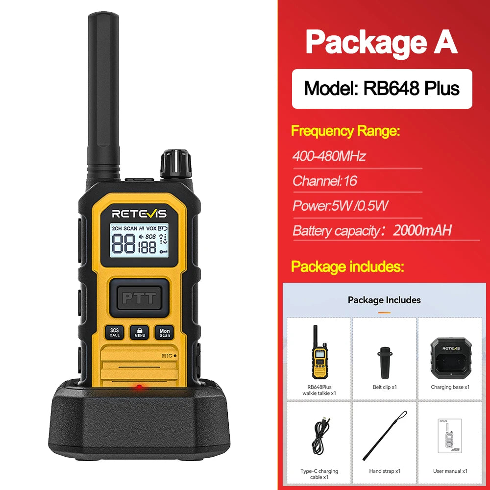 Retevis RB648Plus IP67 Waterproof Walkie Talkie LCD Display Walkie-talkie Long Range Dual PTT Heavy Duty 2 Way Radio for Factory
