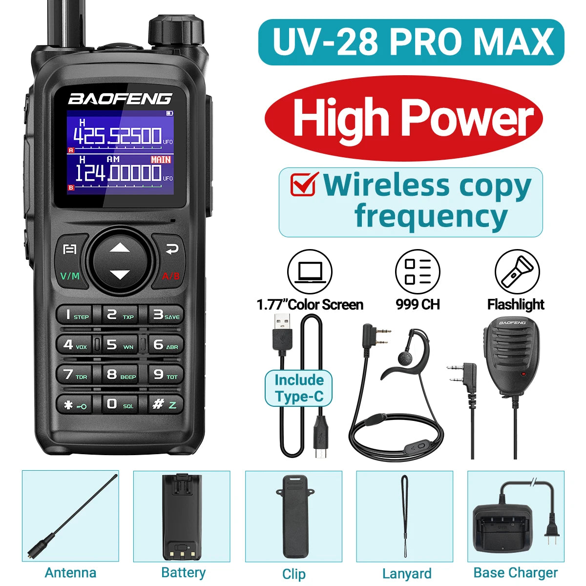 BAOFENG UV-28 PRO MAX Walkie Talkie 10W Multi-Band 999CH Wireless Copy Frequency Long Range Type-C AM FM UHF NOAA Two Way Radio