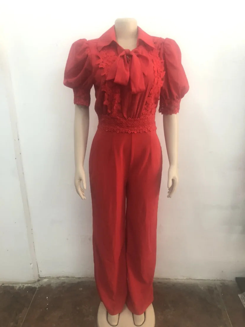 Patchwork Wide Leg Party Jumpsuit Sexy Women Turn Down Collar Elegant Lace Night Club Romper Overalls