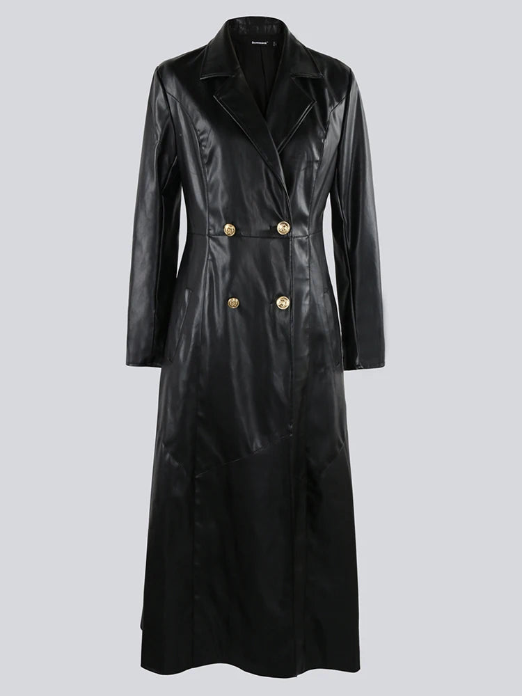 Nerazzurri Extra Long Red Black Pu Leather Trench Coat for Women with Gold Button Double Breasted Luxury Elegant Chic Overcoat