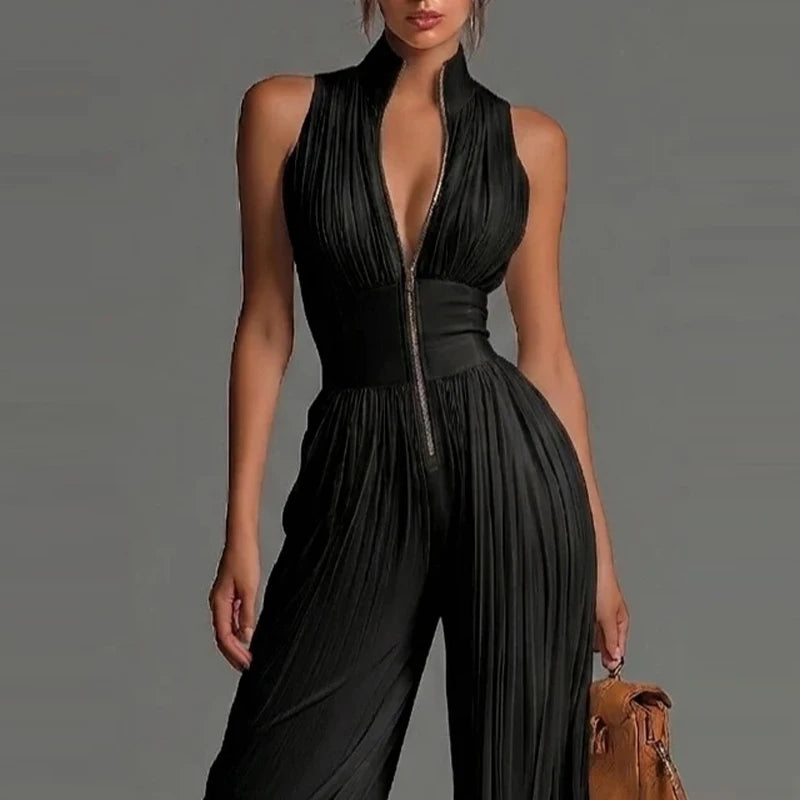 Elegant Stand Collar Zipper Long Jumpsuits Women's Casual Sleeveless Draped Party Rompers Fashion Printed Waist Summer Playsuits