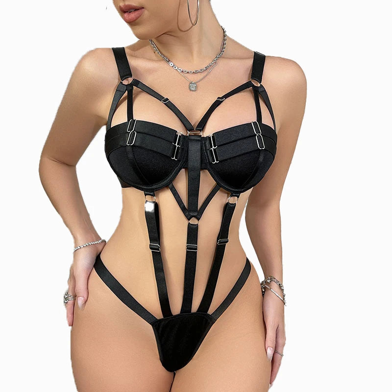 Magdalyn Women Sexy Intimate Strappy Bodysuits Fashion Underwire Push Up Skinny Rompers Slim Hollow Solid Black Rompers Lingerie