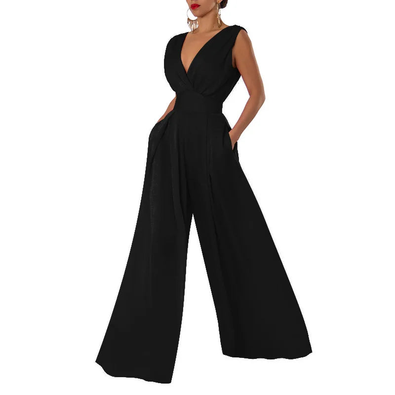 2026 Women's Elegant Jumpsuits Summer Sexy Deep V Slim High Waist Jumpsuits Fashion Sleeveless Wide Leg Rompers Female Overalls