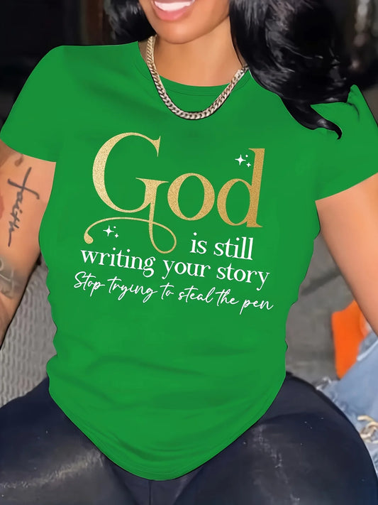 God Is Still Writing Your Story Women's Tee - Faith Graphic, Casual Yellow Top