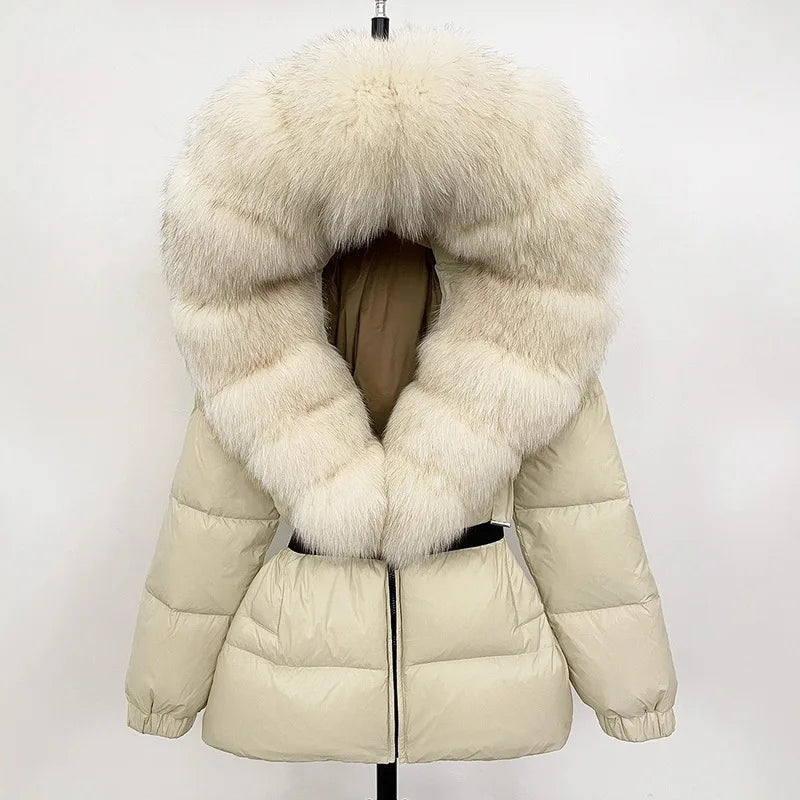 Hot Sale Women Luxury Black Down Jacket Waist‑Cinched Design High‑End Elegant Real Big Fox Fur Hooded Collar Winter Outerwear