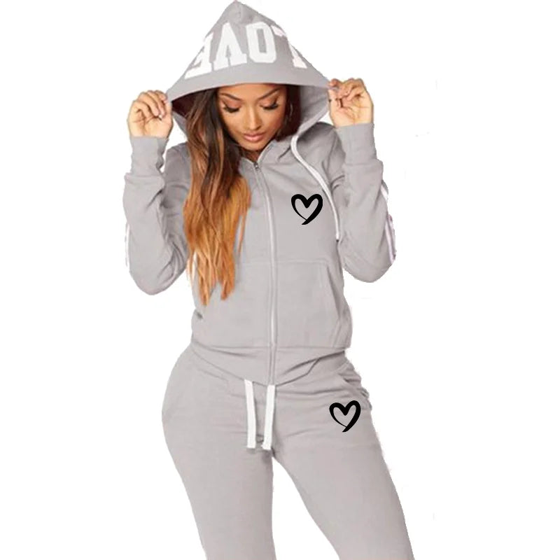 Fashion Women Hooded Jacket Tracksuit Casual Zipper Hoodies and Trousers Sports Wear Two Piece Suits