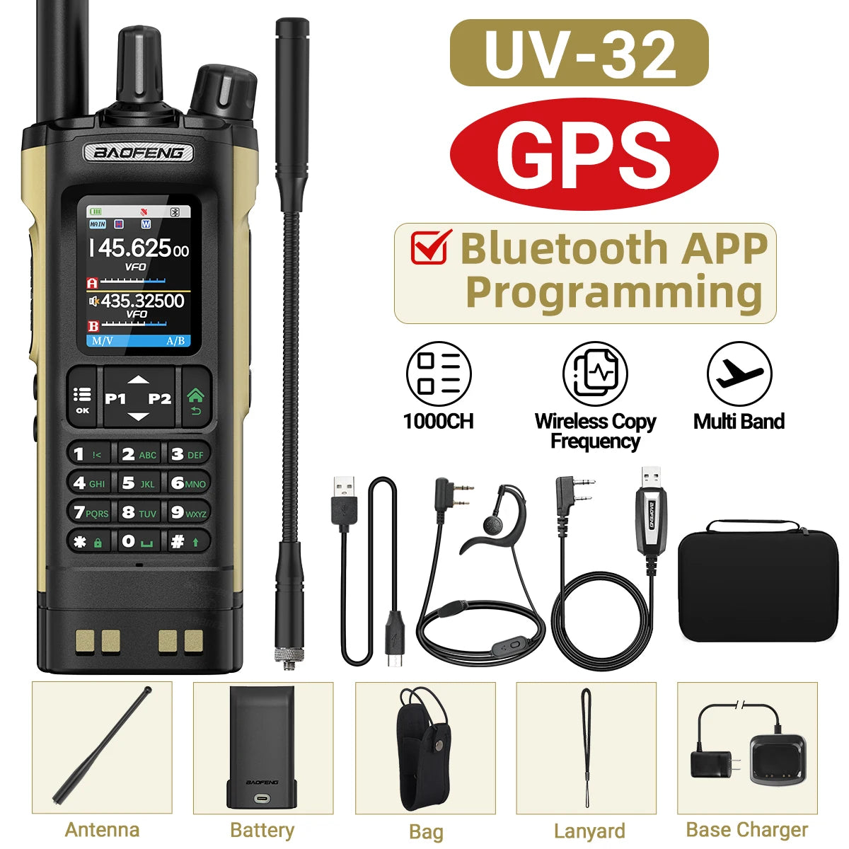 Baofeng UV-32 Walkie Talkie GPS 10W High Tri Power Bluetooth Wireless Programming UHF VHF Scrambler Type C Charge Two Way Radio