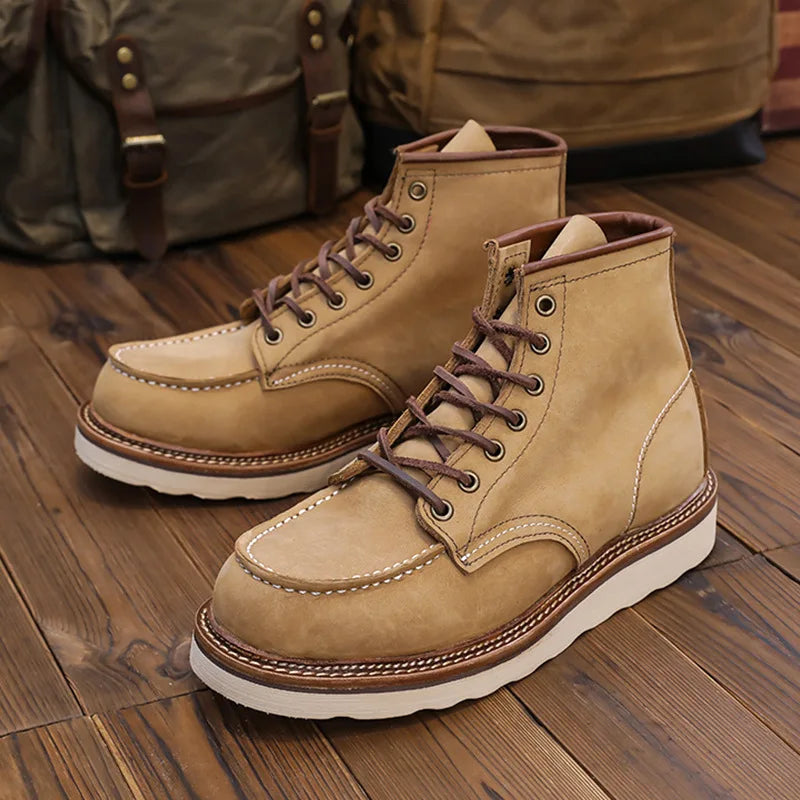 KOWM Cowhide Hiking Shoes Men's Walking Boot British Trekking Shoes Thick Soled Cowhide High Top Motorcycle Boots Ankle Sneakers