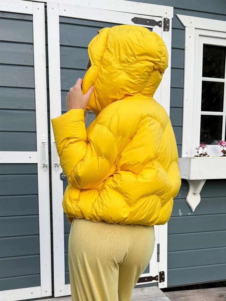 Women Long Sleeved Loose Wave Stitched Short Hooded Cotton Coat Zipper With Pocket Quilted Jacket 2026 Winter Casual Warm Coats