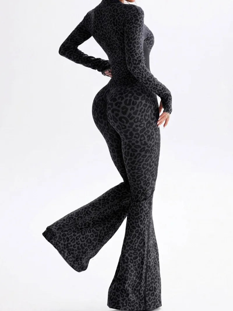 Women Leopard Print Fitness Jumpsuits Long Sleeve Zip-up Gym Sporty Overalls Female One Piece Flare Pants Running Yoga Tracksuit