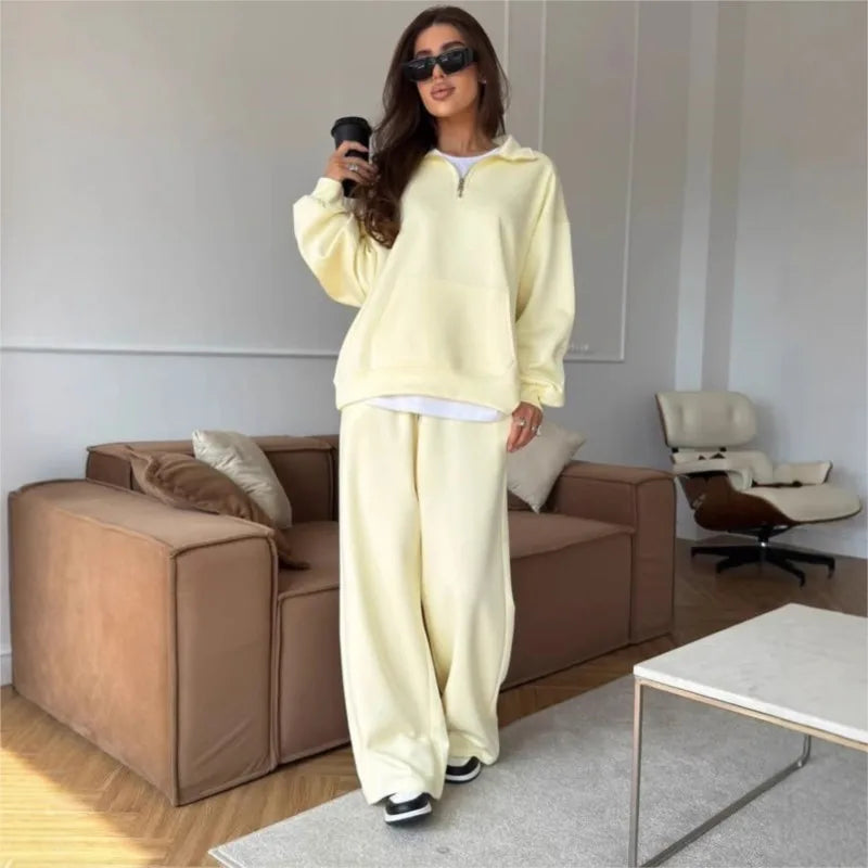 Women 2 Piece Tracksuit Solid Pocket Half Zip Sweatshirt And Jogger Pants Set Autumn Winter Pullover Casual Sports Outfits