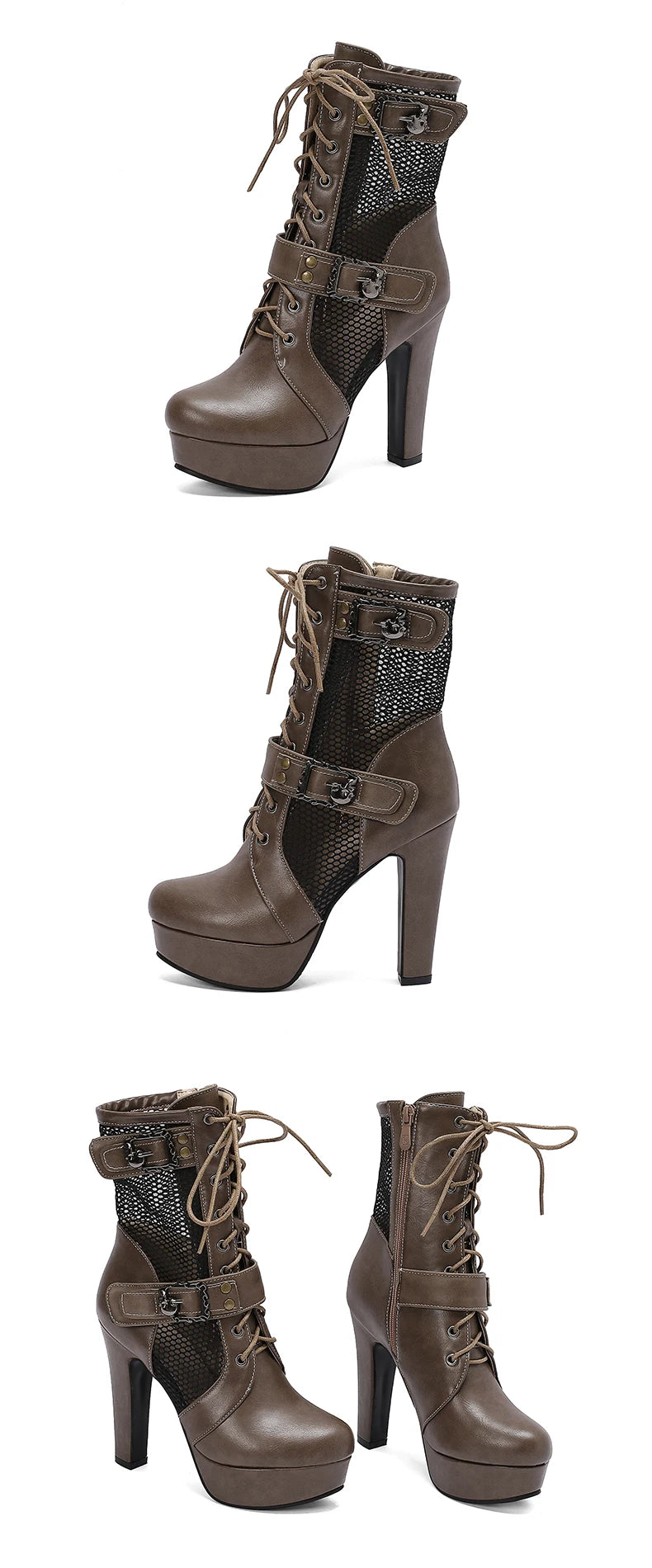 Plus Size Hollowed Out Mesh Patchwork PU Cross Tie Side Zipper Summer Cool Mid-Calf Boots Platform Ultra-High Thick Heel Boots