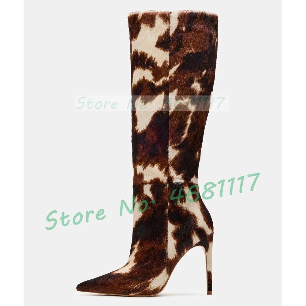 Dark Brown Cow Print Knee High Boots Women Pointy Toe Artificial Horsehair Leather Splicing Boots Mixed Color Side Zipper Shoes