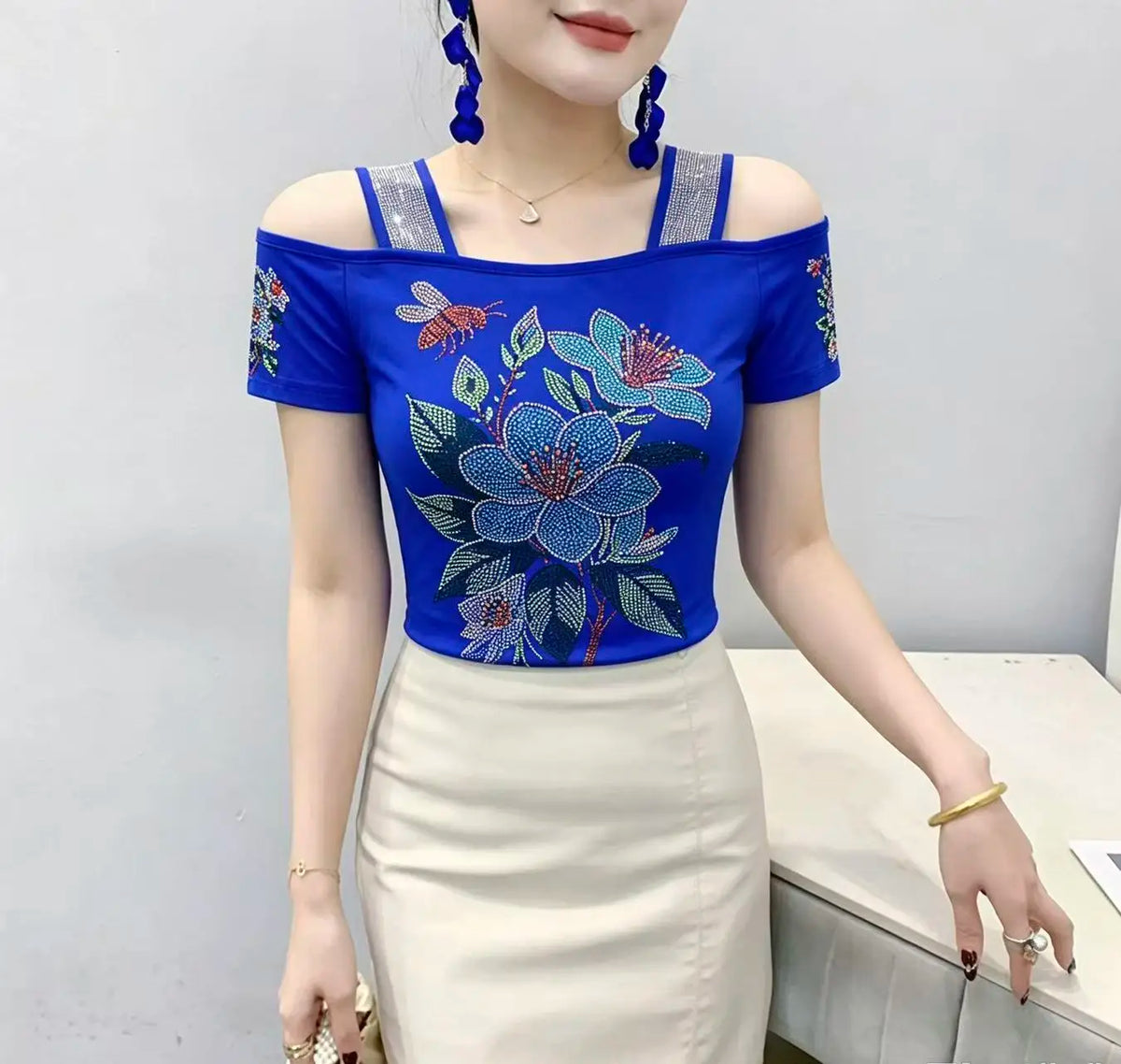 High Quality Elasticity Clothes Fashion T-Shirts Women's Sexy Off Shoulder Shiny Diamonds Mesh Tops Summer Tees Shirt