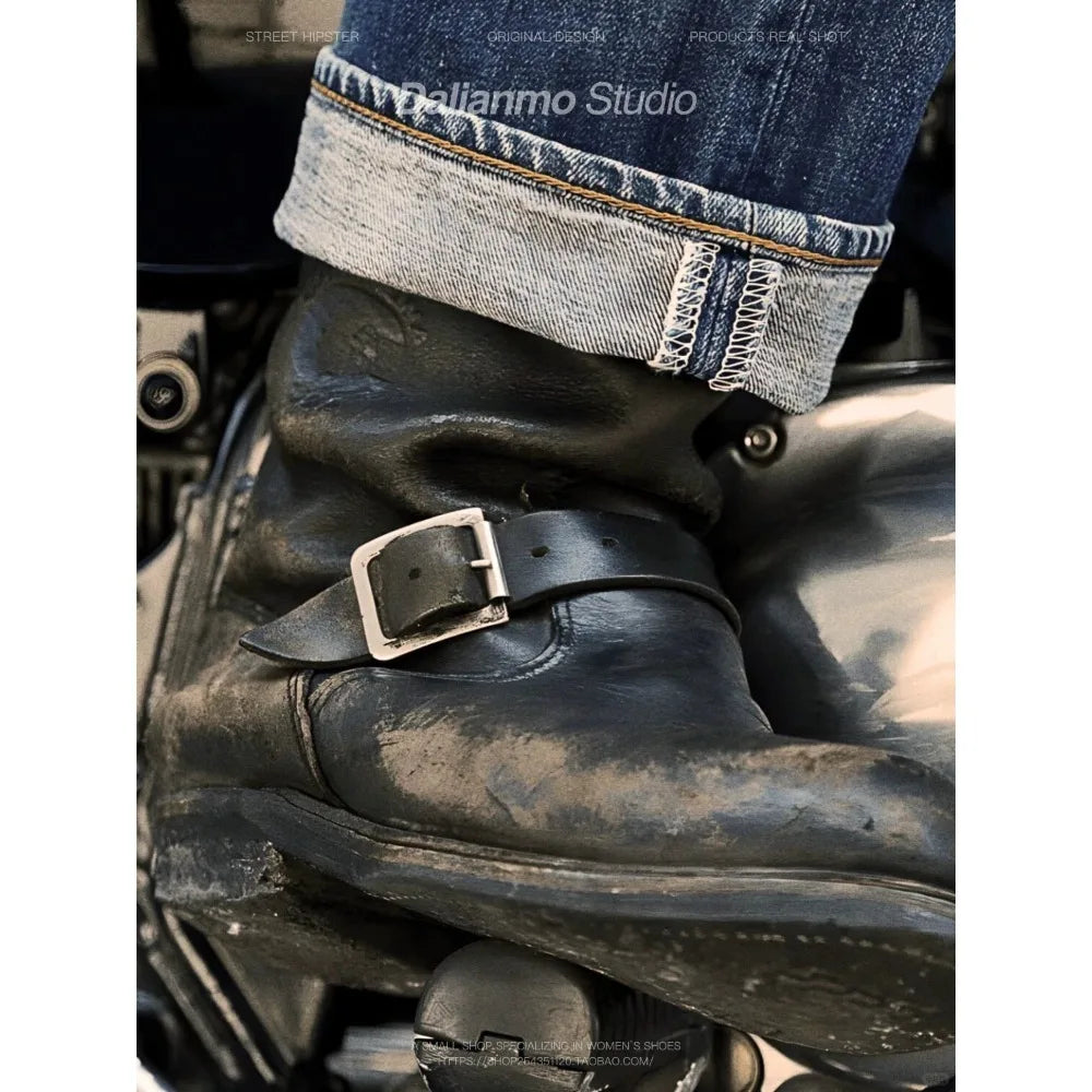 Men's Genuine Leather Engineer Boots Black Metal Buckle Strap Knight Boots Trendy Round Toe Mid-calf Motorcycle Boots