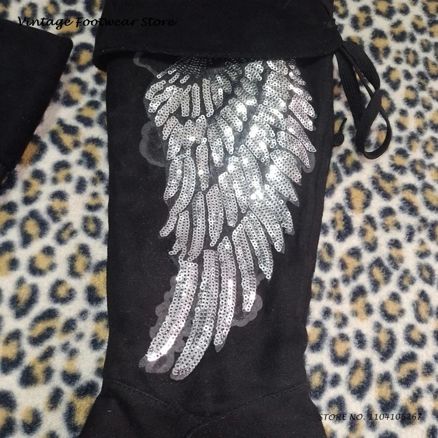 Sequins Angle Wings Knee-high Boots Fashion Round Toe Hight Wedges Platform Shoes Street Style Glittering Trending Suede Boots