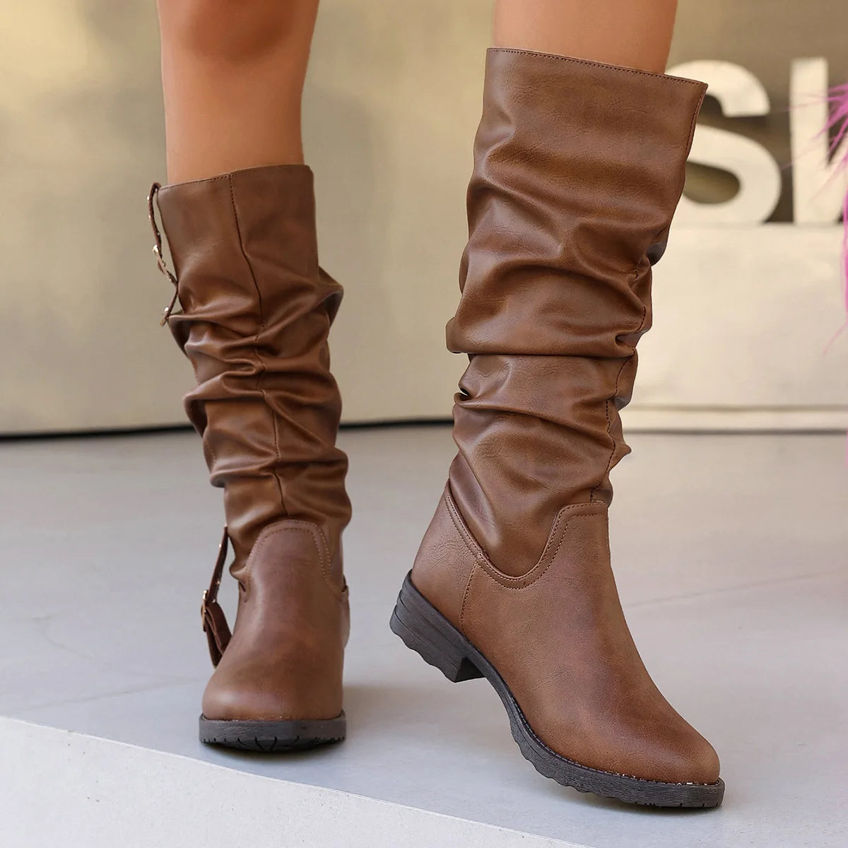 New Autumn Winter Vintage Women Knee High Boots Double Metal Buckle Thick Heels 3CM Knight Boots Casual Pull On Long Boots Shoes