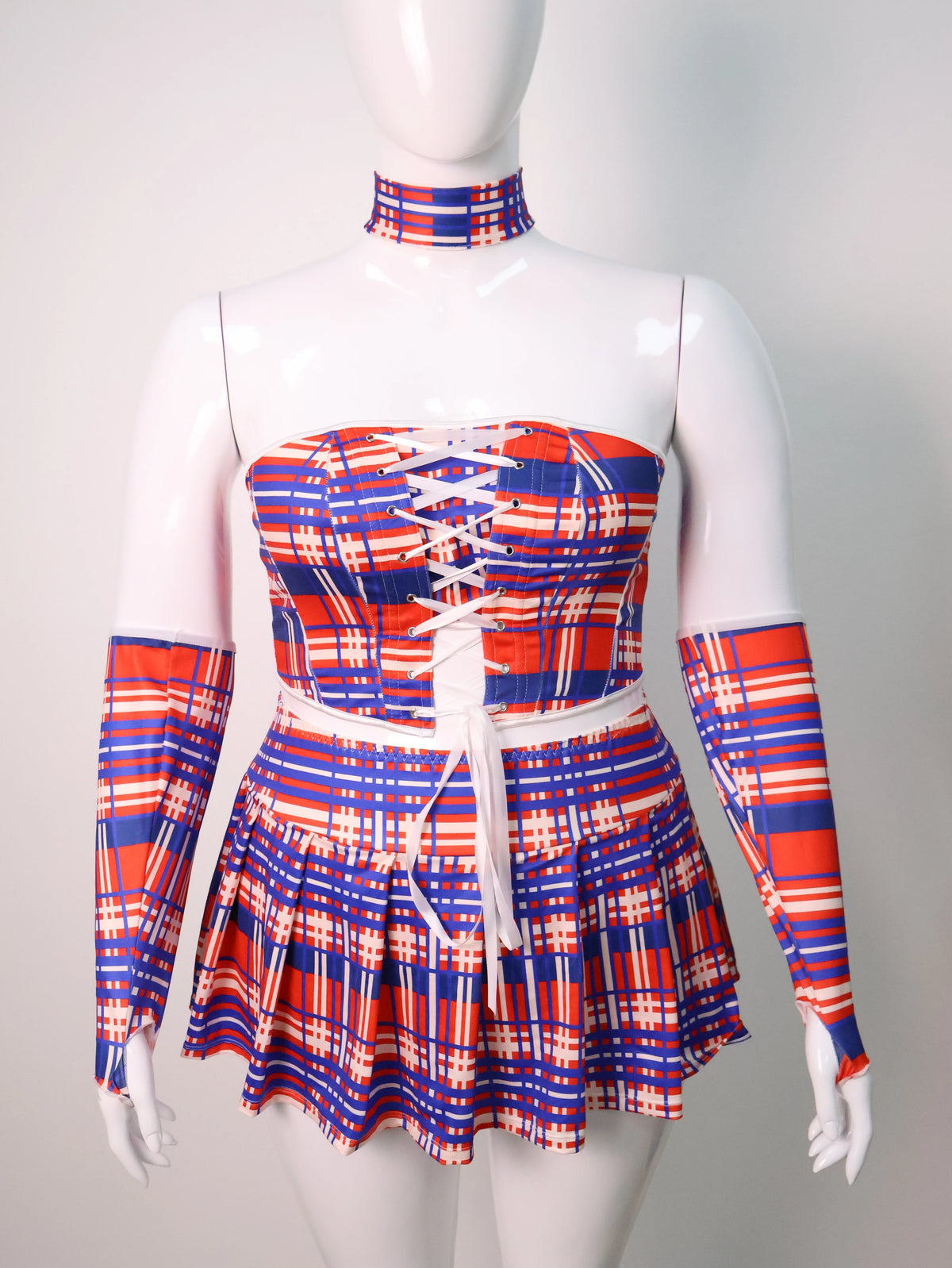 Plus Size Red Tartan Sleepwear Set Cheerleader Cosplay Costume - Plaid Corset Top & Pleated Skirt with Long Sleeves and Choker