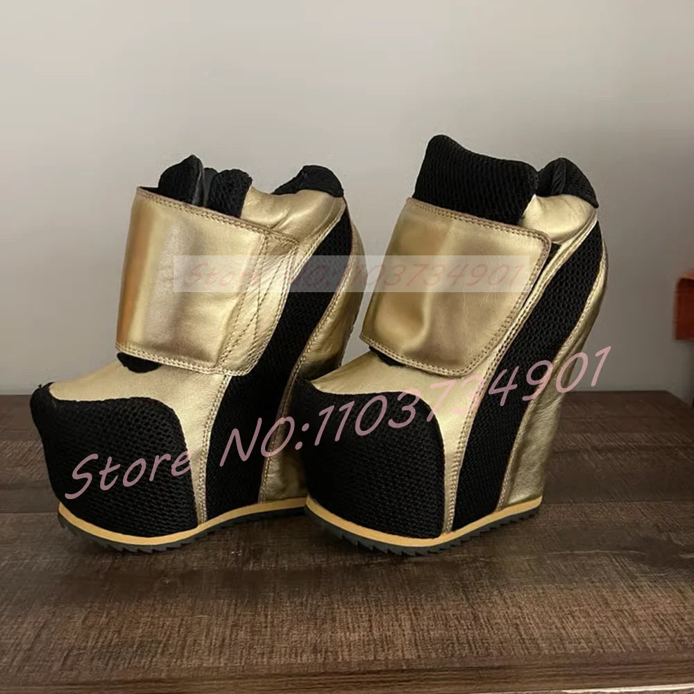 Gold Patchwork Platform Boots Women Round Toe Wedge Ankle Boots Ladies Hook Loop Closure Sneaker Heel Footwear