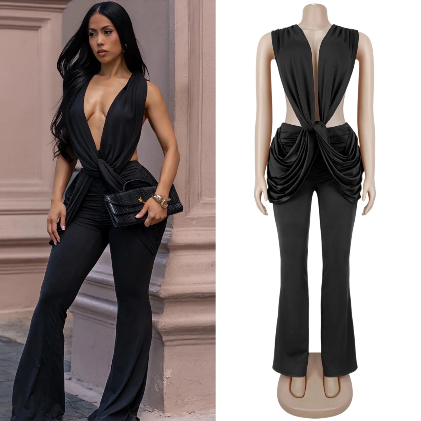 HLJ Sexy Solid Color Bodycon Jumpsuits Women Halter Deep V Neck High Waist Ruched Flare Rompers Party Club Streetwear Overalls