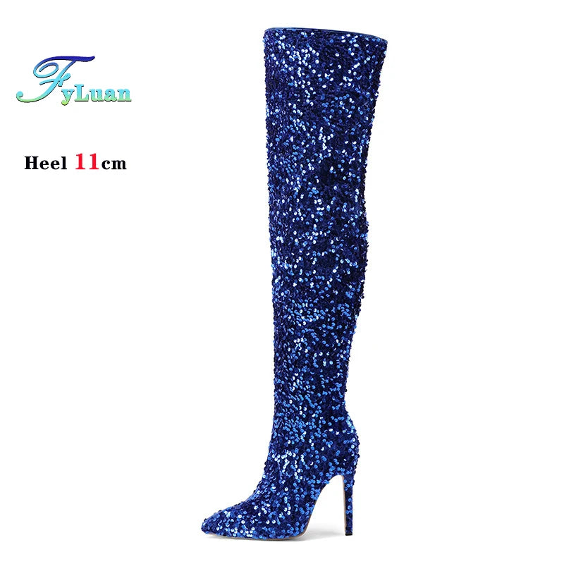Over-the-Knee Boots for Women Pink Sequins Point Toe Boots Thin High-heeled Purple Thigh Long Boots Sexy Zip Heels Stiletto Shoe