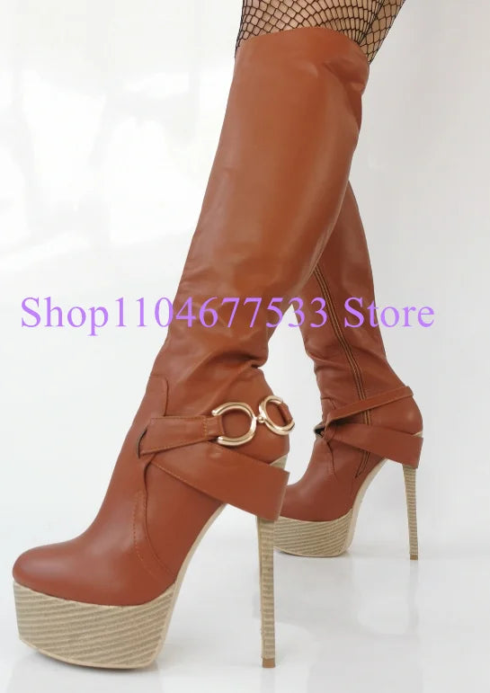 Brown Color Leather Platform Lady Long Boots Fashion Stiletto Heel Knee High Boots Woman Large Size Banquet Shoes