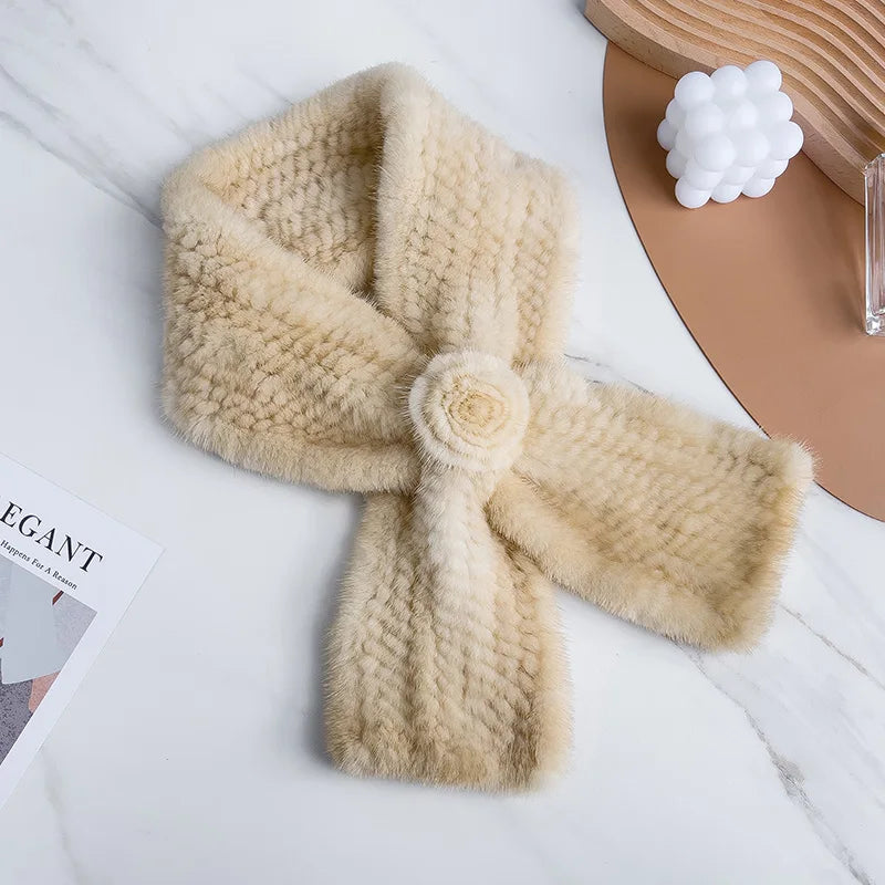 Real Fur Warm Scarf for Women Cross Style One Flower Knitted Design New Fashion Mink Fur Neck Warmer Winter Accessories Scarves