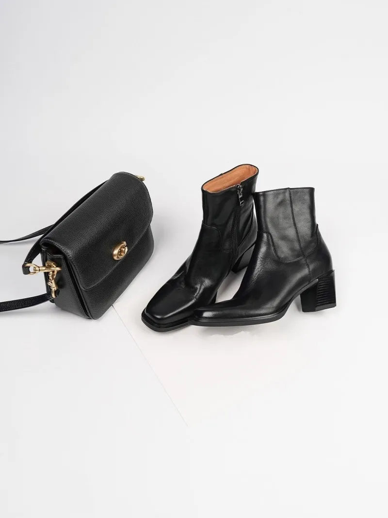 Elegant Office Ladies Chunky Heels Genuine Leather Short Boots Square Toe New Designer Shoes Women Vintage Cowhide Ankle Boots