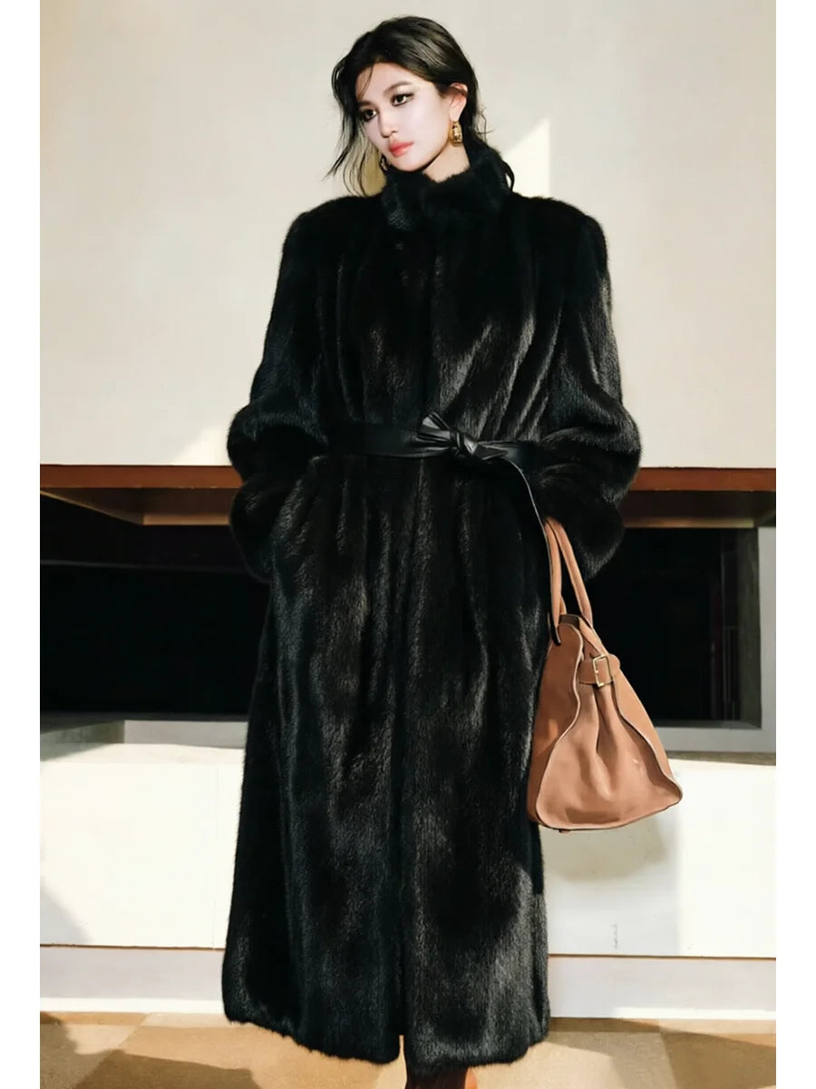 Lautaro Spring Winter Long Soft Thick Warm Brown Faux Mink Fur Coat Women Luxury High Quality Elegant Chic Fluffy Overcoat 2025