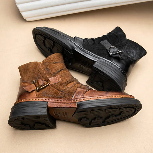 CLAIAMI Handmade Motorcycle Riding Boots Men Retro Cowhide Paratrooper Ankle Boots Platform Leather Zipper Men Shoe Botas Hombre