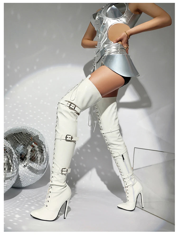Sgesvier 2025 Jazz Dance High Heels Sexy Women Over the Knee Boots Female Knight Boots Pointed Zipper Pu Thin Heel 12CM Big Size