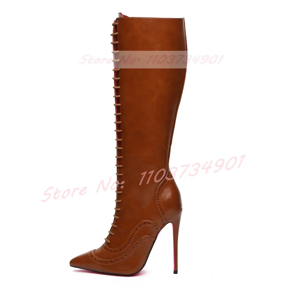 Pink Sole Zipper Knee Length Boots Women Sexy Nightclub Lace Up Pointy Toe High Heels Boots Lady Party Nifty Punk Fashion Shoes