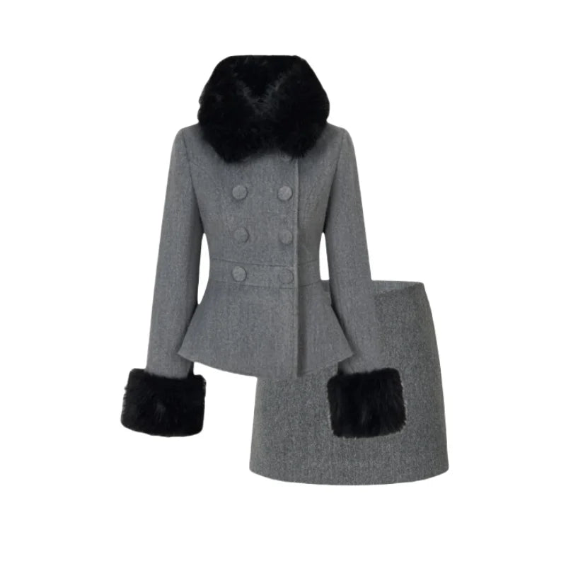 Winter French Elegant Women's Sets Korean Fashion Vintage Design 2 Piece Set Slimming Fur Collar Suits Chic Outfit Woman Clothes