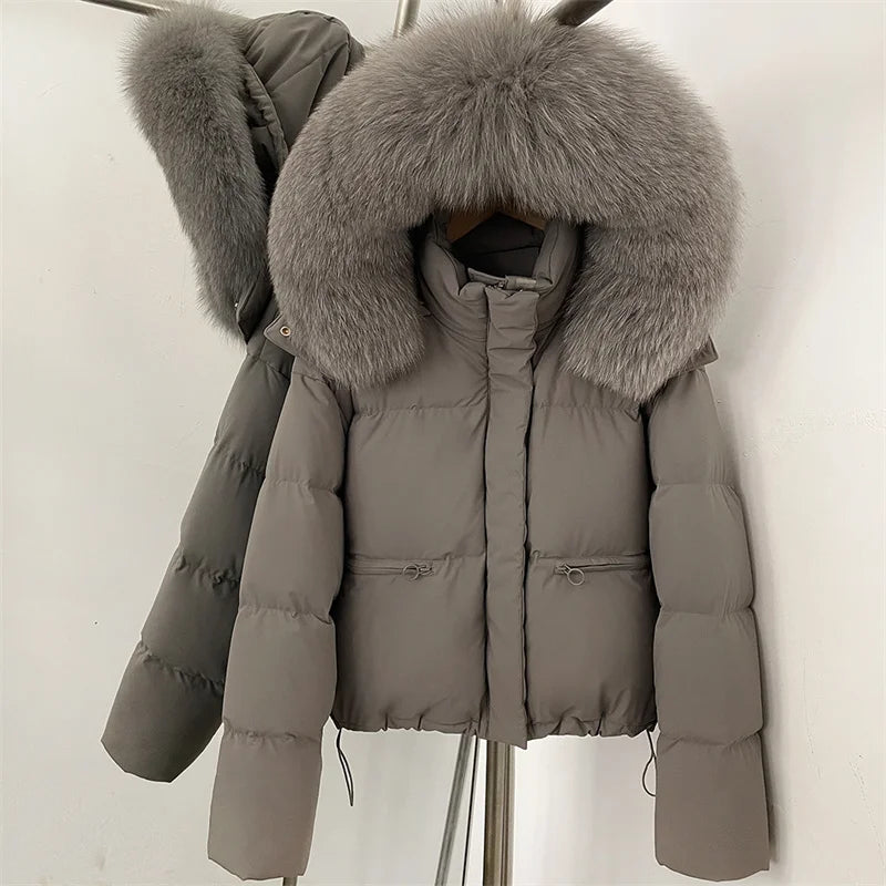 women's winter down jacket 2026 new detachable fox fur collar hooded women's down coat White duck down filled warm thick coat