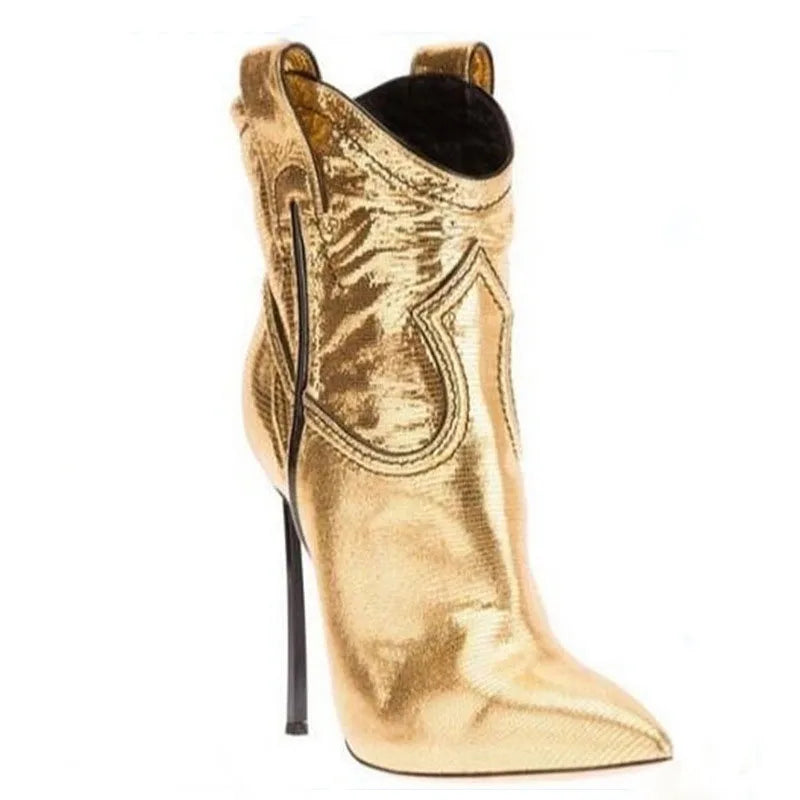 Silver Gold Patent Leather Blade High Heels Ankle Boots Pointed Toe 12 Cm Metal Heel Slip On Runway Booties Woman